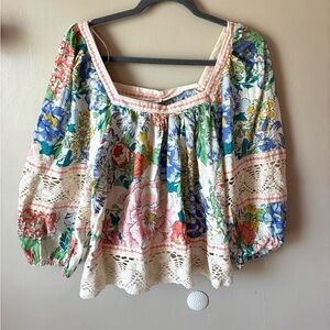 Christian Siriano Floral Linen Blend Puff Sleeve Top